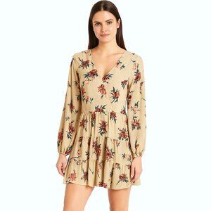Entro Light Khaki Tan Floral Print Long Sleeve Tiered Cottagecore Dress